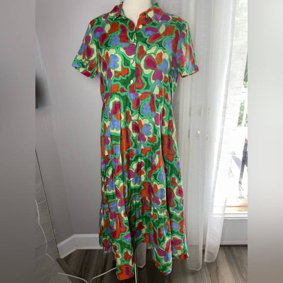 Amanda Uprichard Pierre Midi Dress Floral Green Linen Ramie Size Medium - Picture 5 of 13